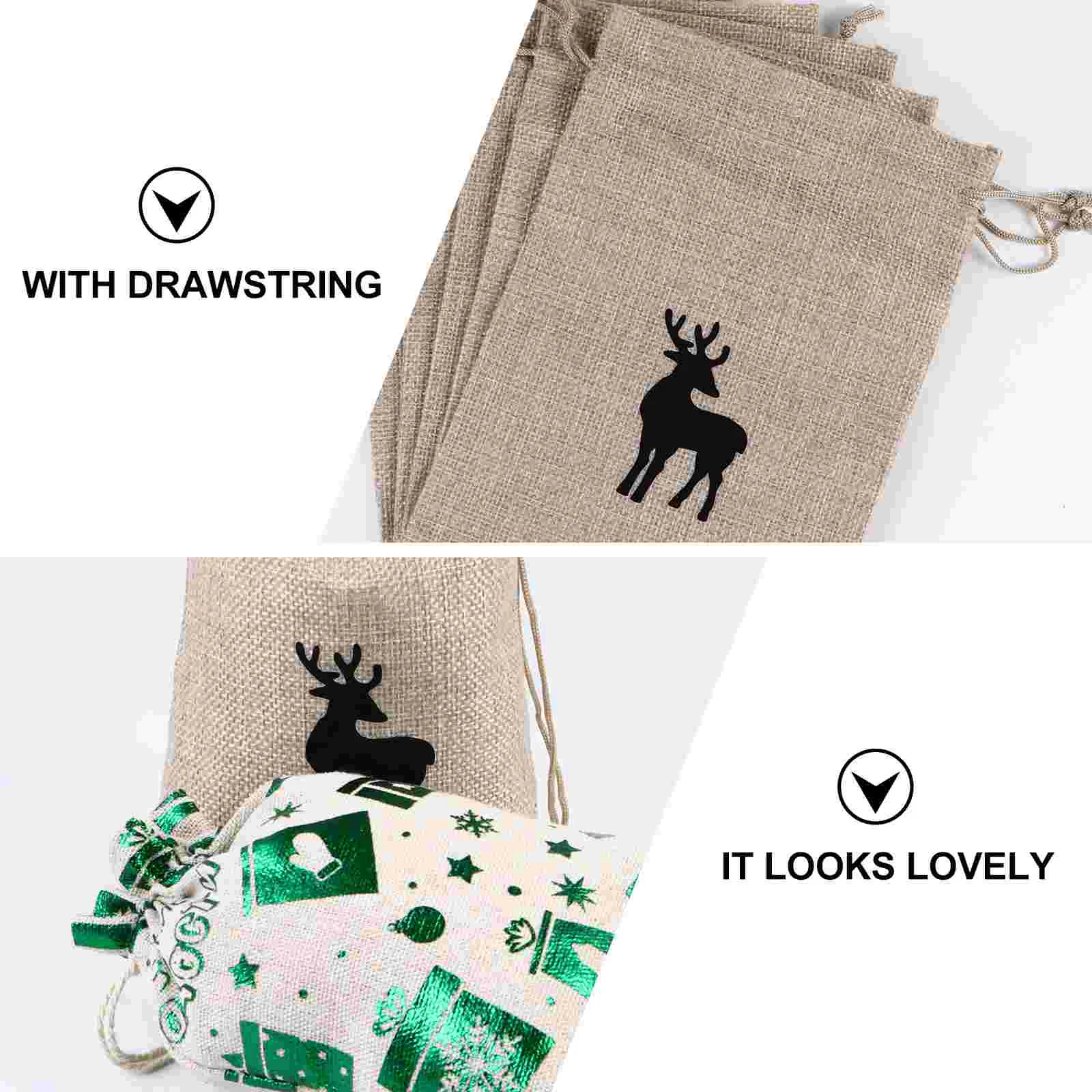 10 ชิ้น Xmas นําเสนอถุงคริสต์มาสผ้าฝ้ายกระสอบของขวัญ Candy กระเป๋า Drawstring Party Favor