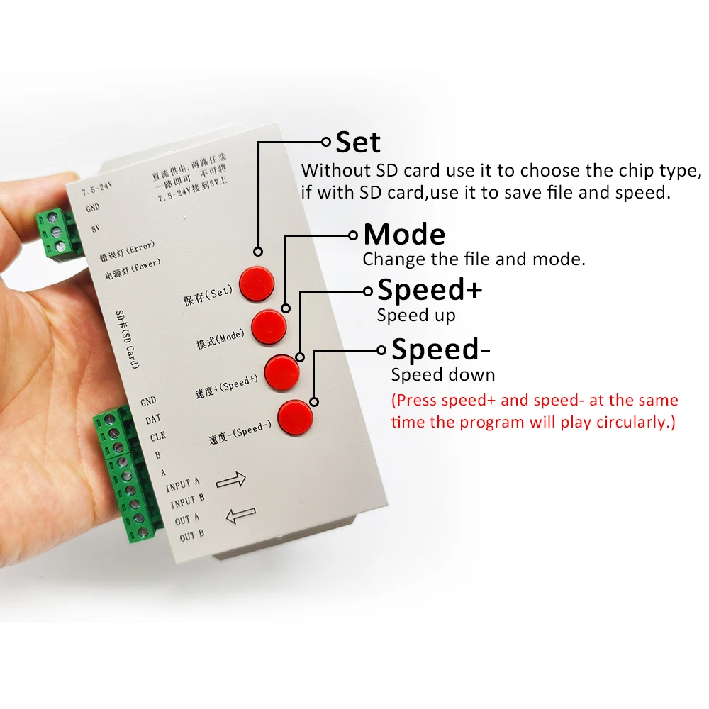 T1000S SD Card RGBIC LED Pixel Controller WS2801 WS2811 WS2812B LPD6803 LED Strip Matrix 2048 Pixels Program Controller DC5V-24V