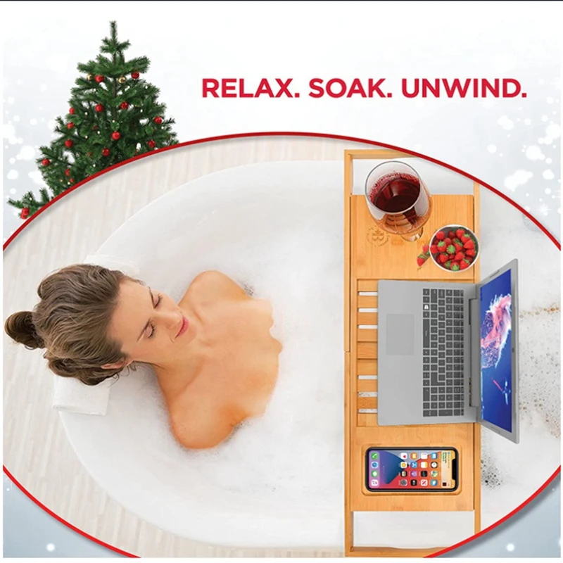 Bathtub Storage Box Tray With Extended Side Reading Rack, Tablet Holder, Mobile Phone Tray And Wine Glass Holder