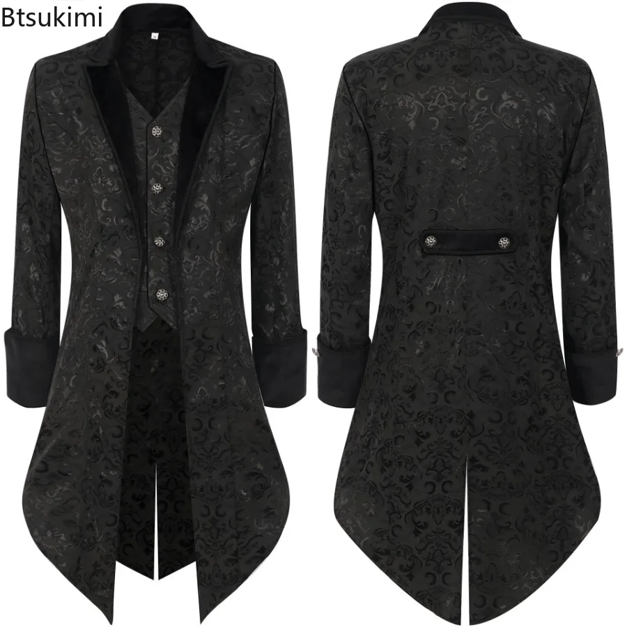 2026 Fashion Men's Creases Tailcoat Steampunk Retro Tailcoat Jacket, Gothic Victoria Frock Uniform Role Play Wedding Clothing