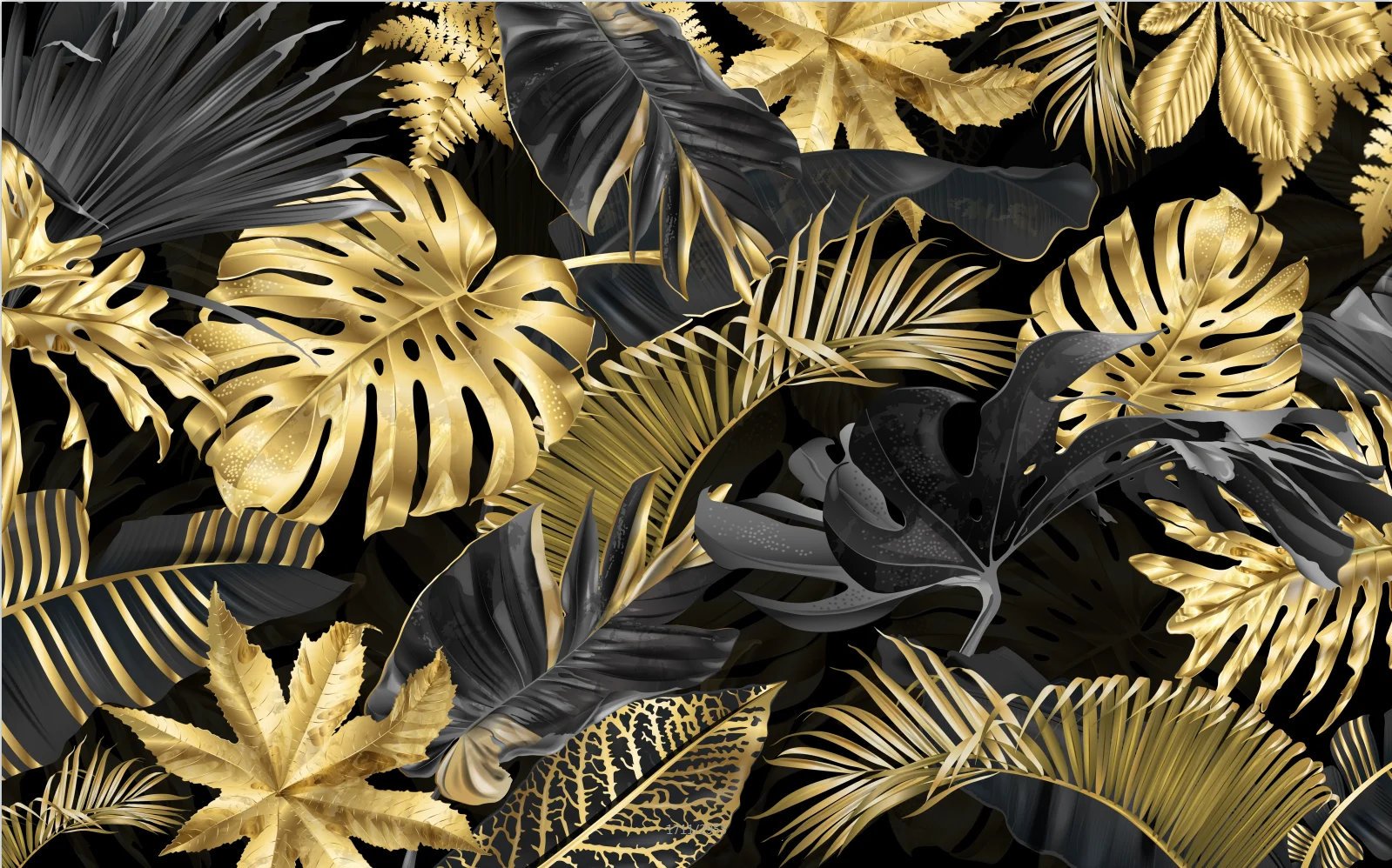 Customized size banana leaves light gold thread relief mural gold line leaf decoration painting plant leaves black 3d wallpaper