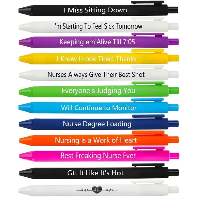 

12 Pcs pack of nurse's retractable ballpoint pens with humorous quotes and medium nib, perfect for journaling and smooth writing