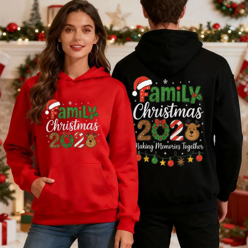 ファミリークリスマス 2025 マッチンググループ衣装 クリスマスチーム サンタグラフィック 両面プリントパーカー 面白いトレンディなストリートウェアプルオーバー