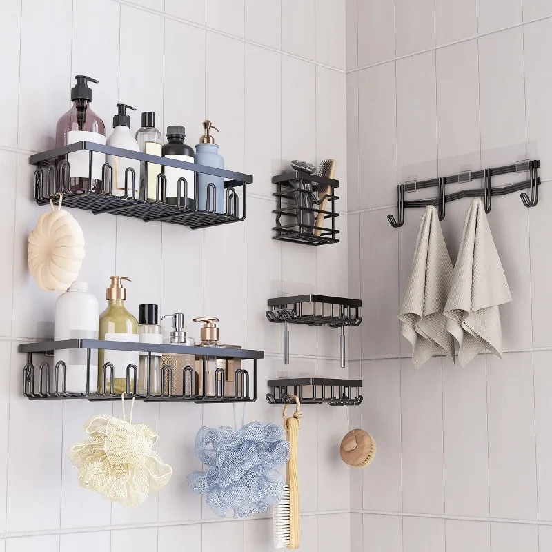 

Multi Functional Hole Free Wall Mounted Storage Rack Waterproof and Rust Proof Iron Hanging Rack Bathroom Wall Hook