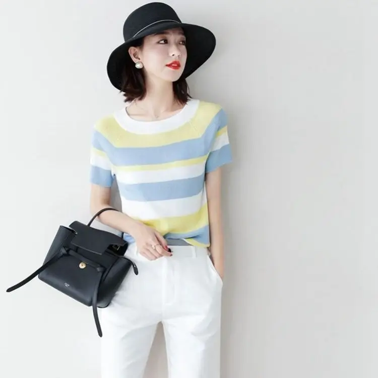 Fashion Women Casual Striped T-shirt Spring Summer Korean New Short Sleeve O-Neck All-match Pullover Loose Thin Knitted Top 2023