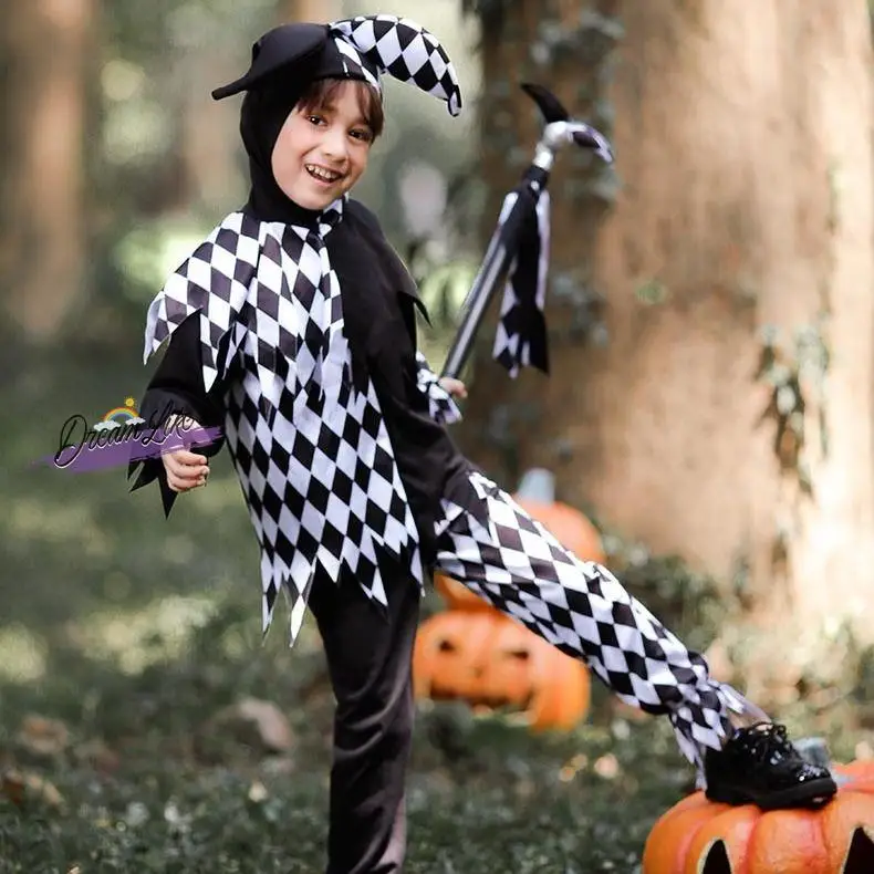 Children's loween Costume Clown Plaid Skirt Masquerade Par Outfit Performances Boys Girls Toddler Nursery Celebration Ta...