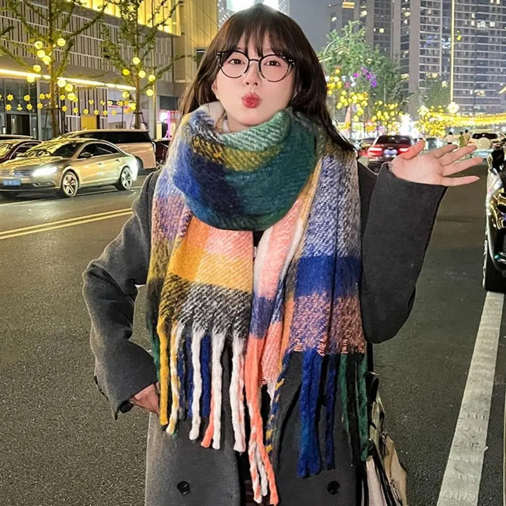 Korean Style Colorful Plaid Plush Shawl Thicken Windproof Rainbow Cashmere Scarf Pashmina Wool Winter Tassel Neckerchief Student