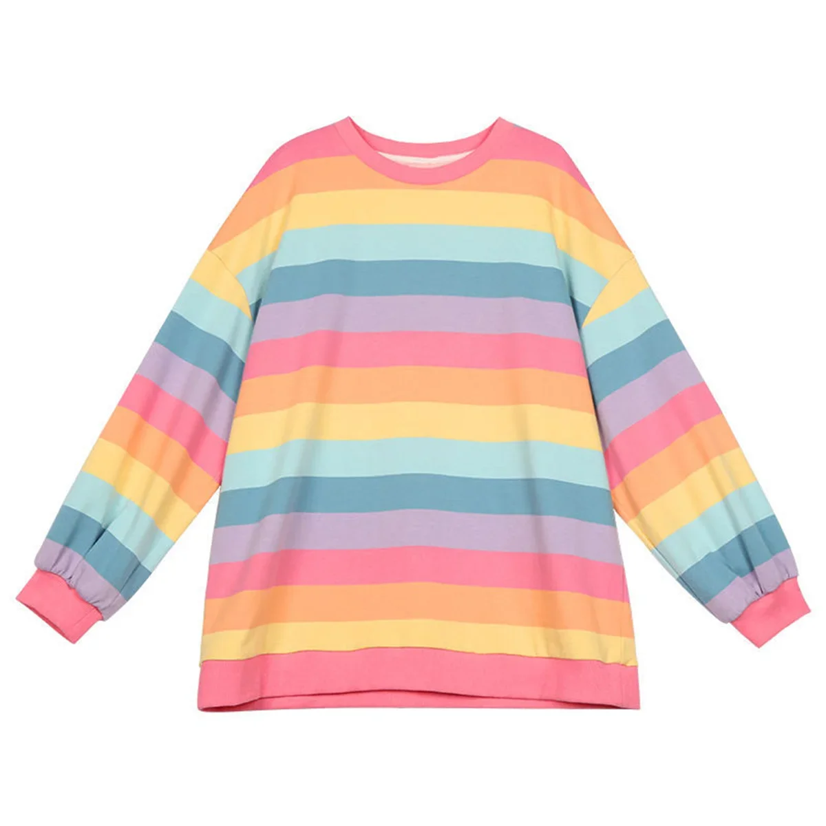 Spring Autumn New Fashion Thin Women's Rainbow Stripes Long Sleeve Vitality Loose Lazy Style T-shirt Female Top Outdoor Wear