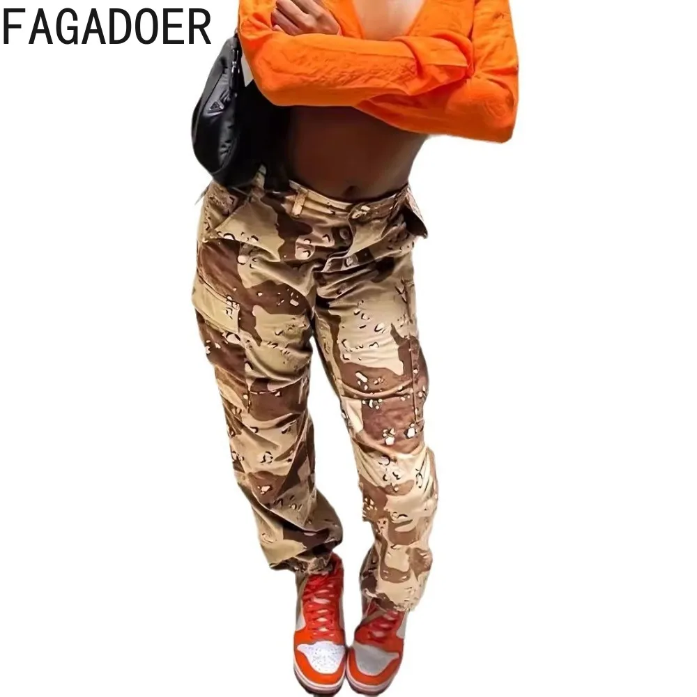 FAGADOER Fashion Streetwear Women Camouflage Printing High Waist Button Straight Pants Casual Female Loose Pocket Trousers 2024