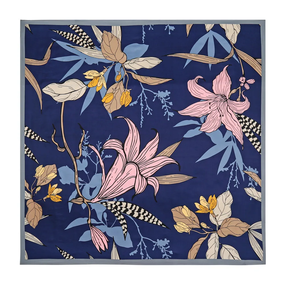 Foulard en soie pour femmes, grand châle, rétro, imprimé floral, carré, Bandana, luxe, Hijab musulman, 130CM