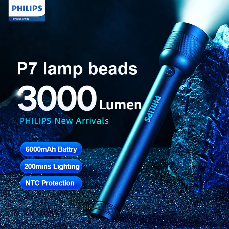 Philips Bright Flashlight 3000 Lumen Rechargeable Flashlights with 6000mAh Battery IP55 Waterproof Camping Light for Outdoors