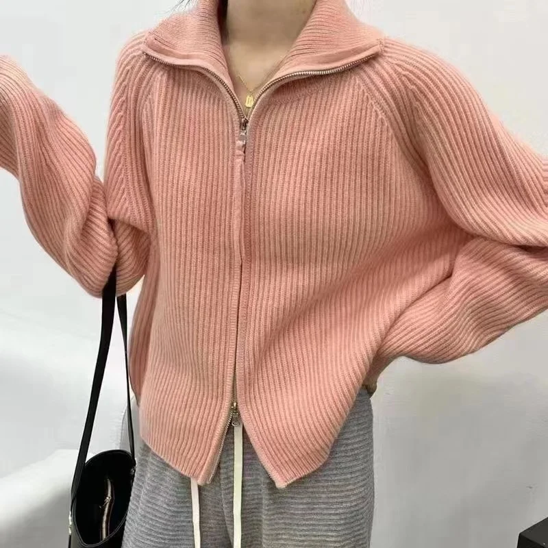 Super bello viola cardigan lavorato a maglia tuta sportiva da donna risvolto ispessito doppio maglione con zip primavera autunno nuovo casual solido top larghi