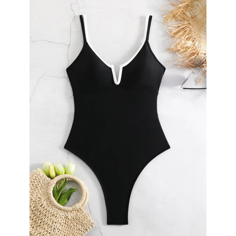 Einteiliger Badeanzug für Damen, Kontrastfarbe, einteiliger Badeanzug, nackter Rücken, sexy BadeanzugDL827