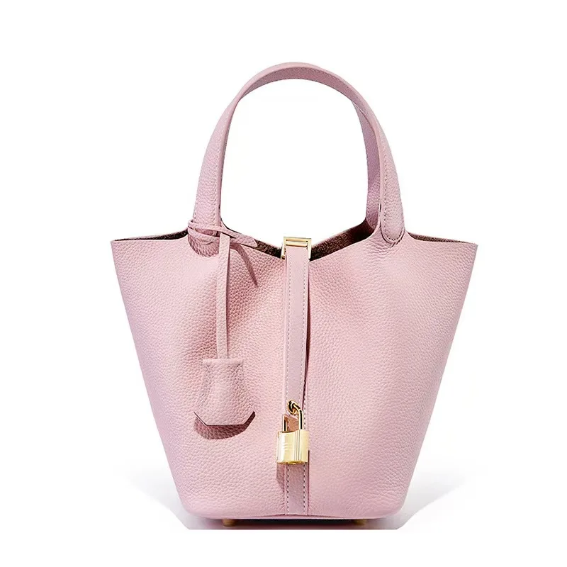 

Women's Genuine Leather Shoulder Bucket Bags Litchi Pattern Classic Soft Tote Handbag with Lock Stylish Accessory