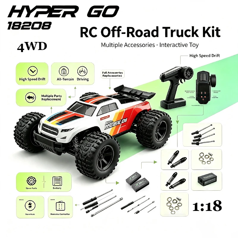 MJX HYPER GO 1:18 4WD 50km/h 18208 Remote Control Car High Speed Monster Truck, Dual Shell Off Road Vehicle Boy Toy Car RTR