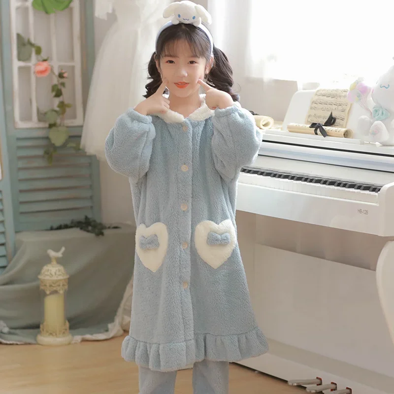 Kawaii Anime Sanrio Cinnamoroll Children\'s Sleepwear Flannel Warm Cute Cartoon Winter Pajamas Loungewear for Christmas Cute Girl