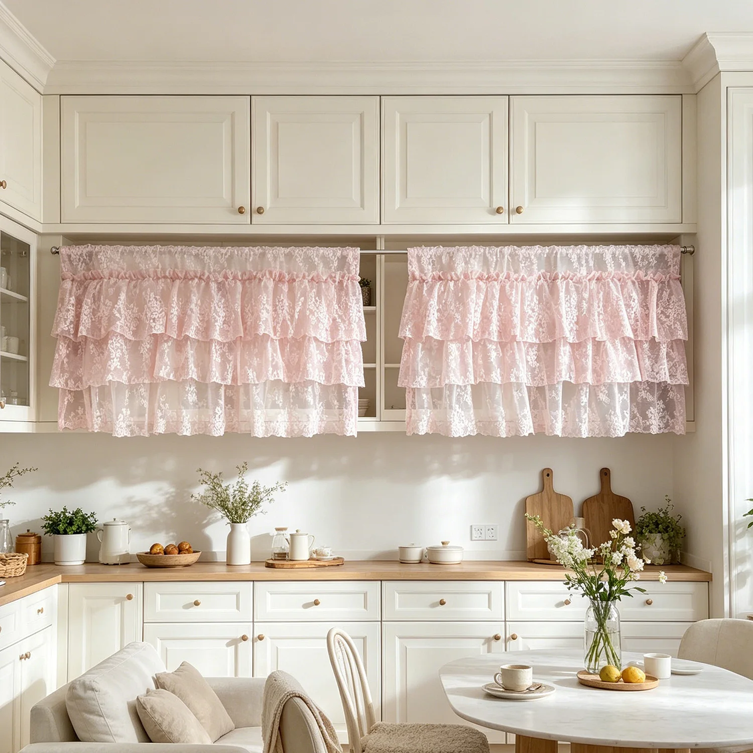 Pink Lace Tier Curtain, Ruffled Sheer Floral Curtain, French Kitchen Cabinet Curtain, Short Cafe Curtain for Window, Home Decor