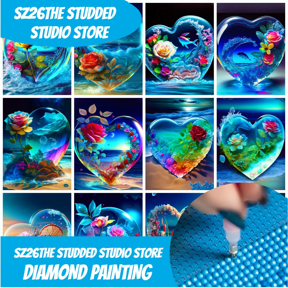 

Sz26The Studded 5D Diamond Painting Kit Heart Seaside Landscape Full Round Mosaic Embroidery Rose Flower Home Decorations
