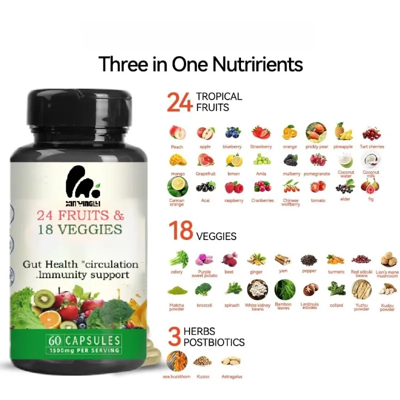 Gut Health Probiotic Capsules contain 24 types of fruits, 18 types of vegetables and herbs, providing antioxidant support
