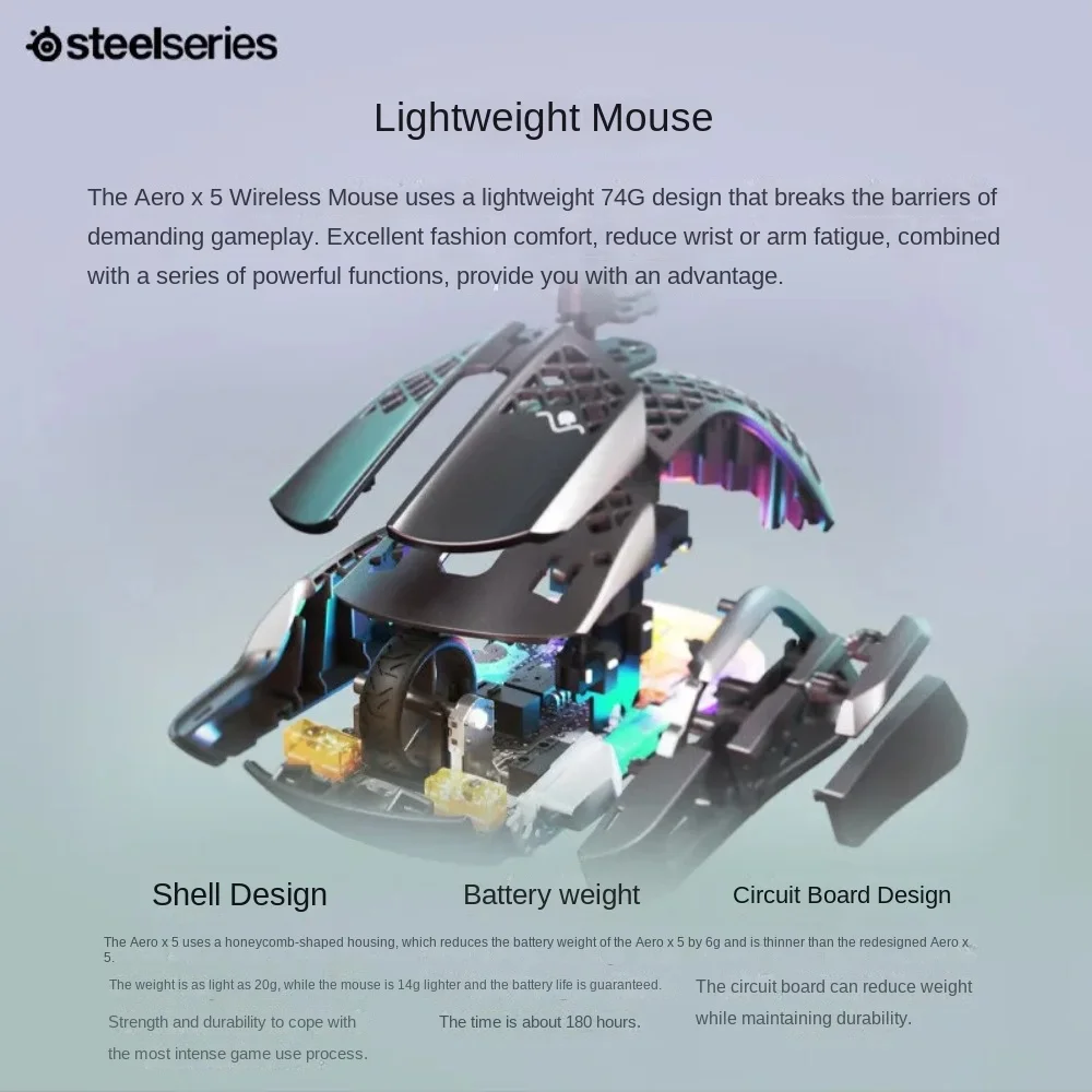 SteelSeries Aerox 5 Wireless/Bluetooth Gaming Mouse Triple Mode IP54 Protection  Lightweight 9-Button 74g Programming Matte Game