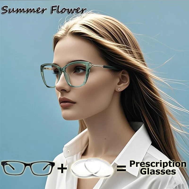 Green Color Optical Frame Fashion Design Cat Eye Gafas Lady Reading Glasses Myopia Single Vision Monofocal Varifocal Lens Recipe