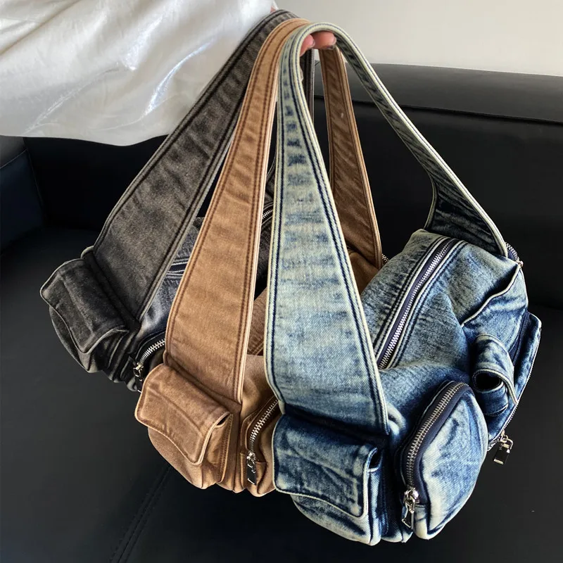 Women Denim Crossbody Bag Casual Large Capacity Shoulder Bag Vintage Solid Color Messenger Bag Multi-Pockets Zipper Commute Bag