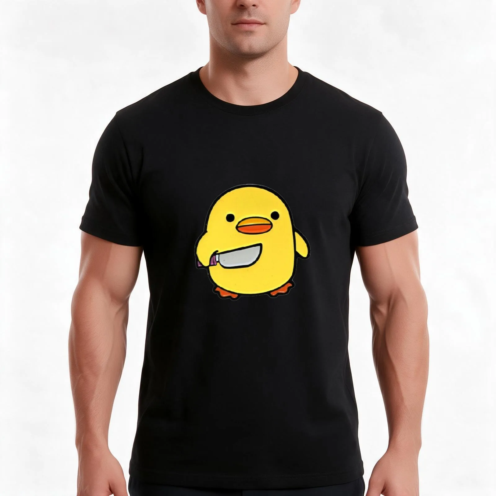 Cute Duck With Knife Duckling Meme T-Shirt, Summer Casual Cotton Tee, Oversized Streetwear Tops, Vintage Graphic Print