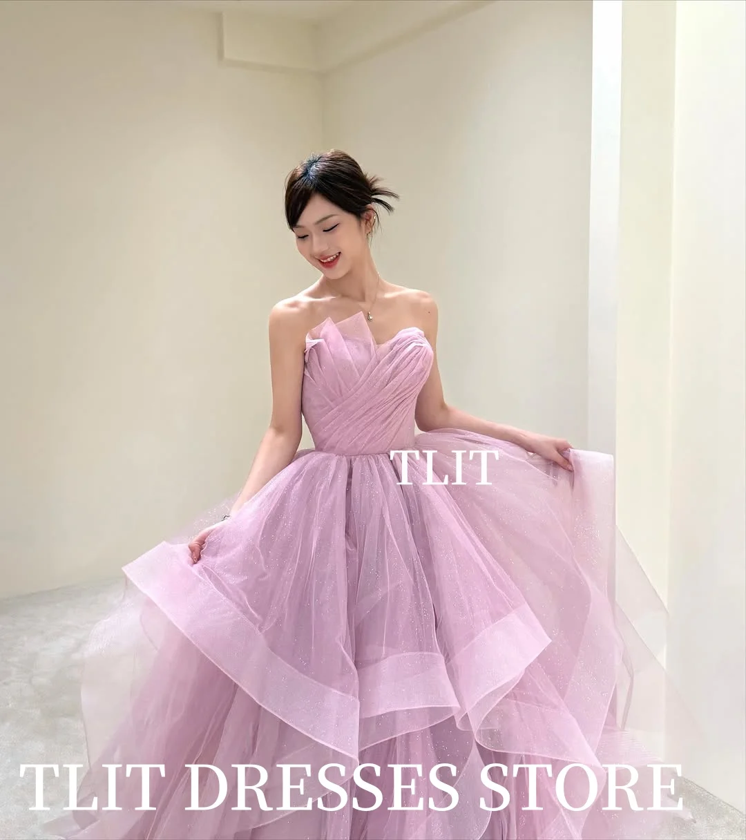 TLIT Mooie Roze Tule Avondjurk Sawy Fore Vend Fourheid Korea Trouwjurken Fotoshoot Plooien Strapless Galajurk Aangepast