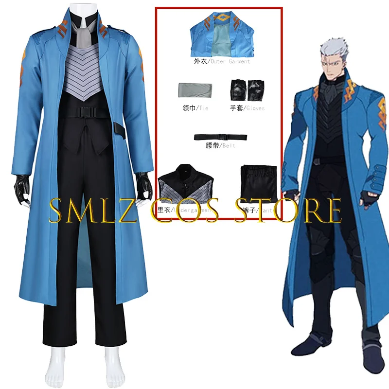 Newly Cry 5 Vergil Cosplay Costume Anime Man Dark Slayer Blue Trench Uniform Prop Wig Set Halloween Party Play Outfit view 2