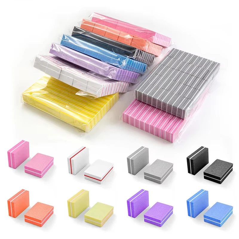 50 قطعة مجموعة على الوجهين ملف الأظافر الصغيرة كتل الملونة الإسفنج مبرد أظافر كتلة تلميع الأظافر أدوات مانيكير 100/180 حصى بالجملة