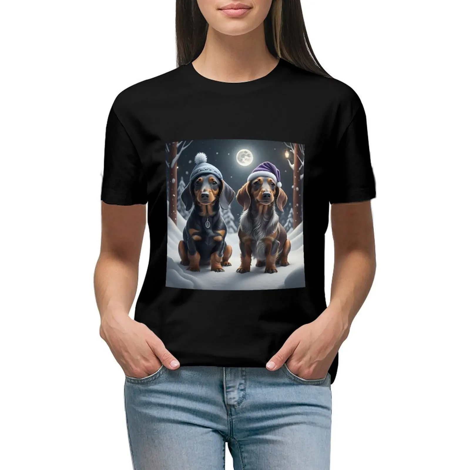 

Dachshunds in a Winter Wonderland T-shirt graphics Short sleeve tee t-shirts for Women cotton