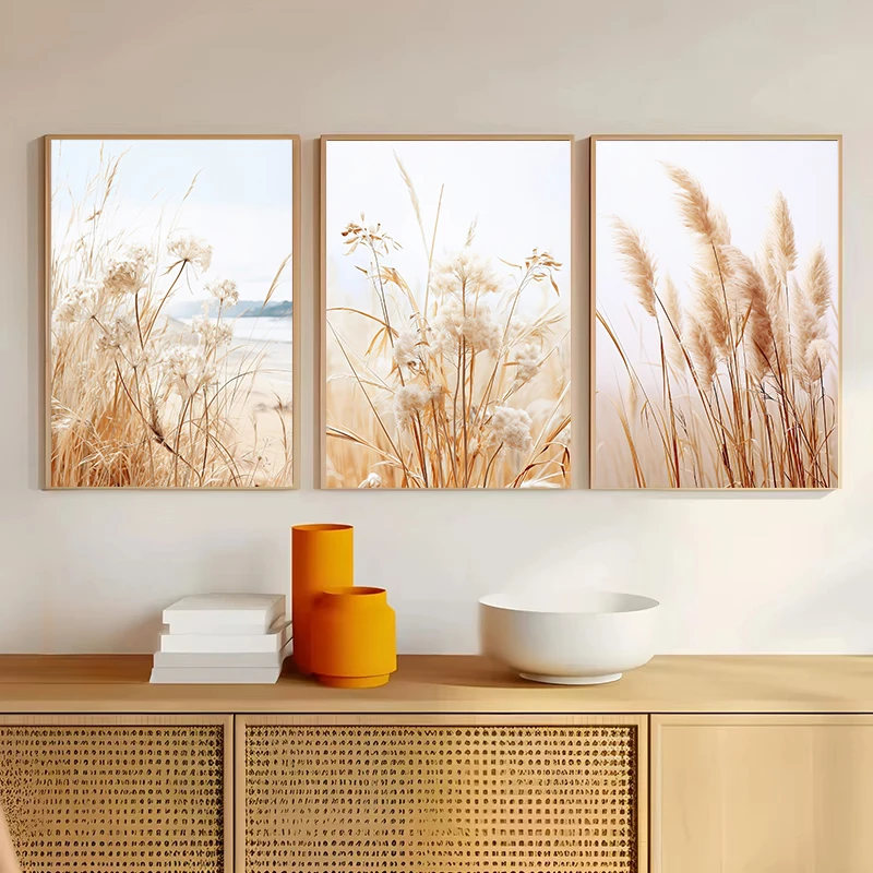 Beige Reeds Grass Flower Plant Sea Beach Wall Art Canvas Poster Prints Nordic Art Painting Wall Pictures Living Room Decor
