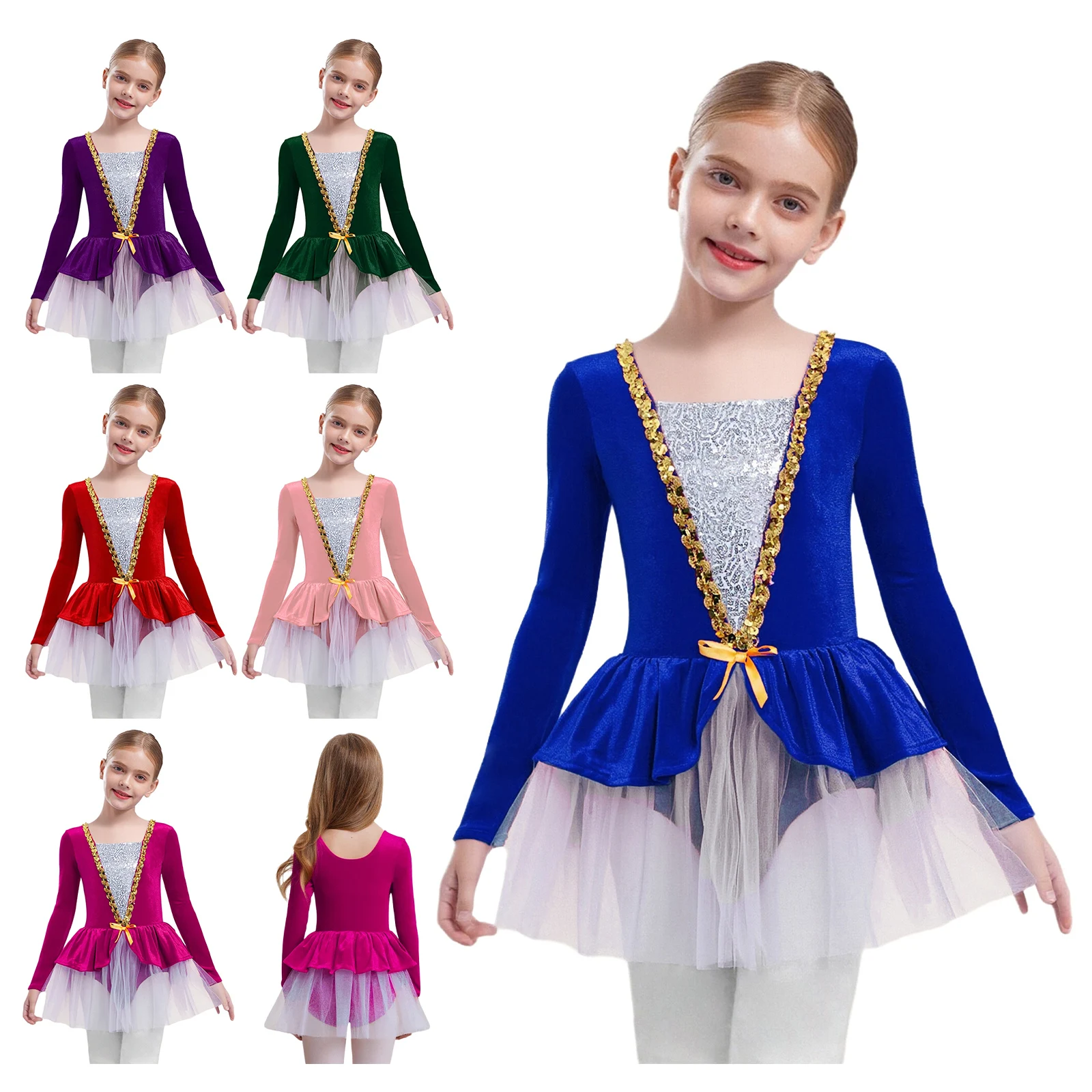Girls Figure Skating Ballet Dance Costume Long Sleeves Shiny Sequin Velvet Tutu Dress Gymnastic Leotard Carnival Party Dancewear image 5