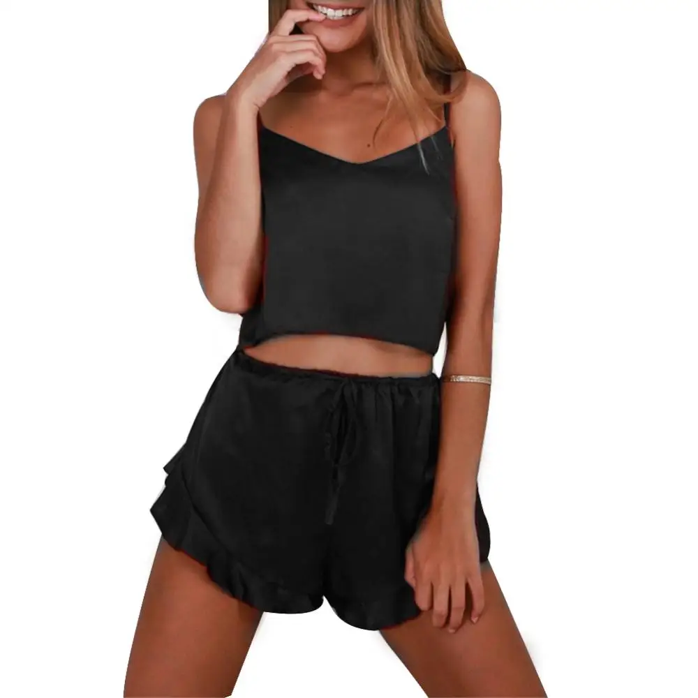 2019 2Pcs/Set Sexy Women Sleepwear Solid Color V Neck Camisole Top Ruffled Shorts