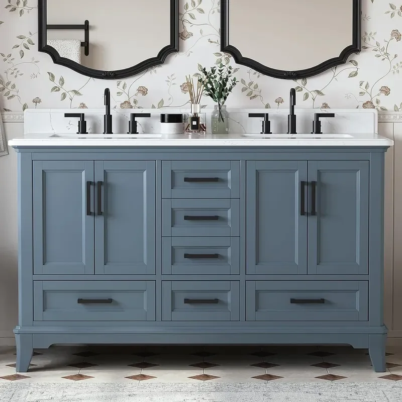 60 Inch Steel Blue Bathroom Vanity Double Sink Fully Assembled