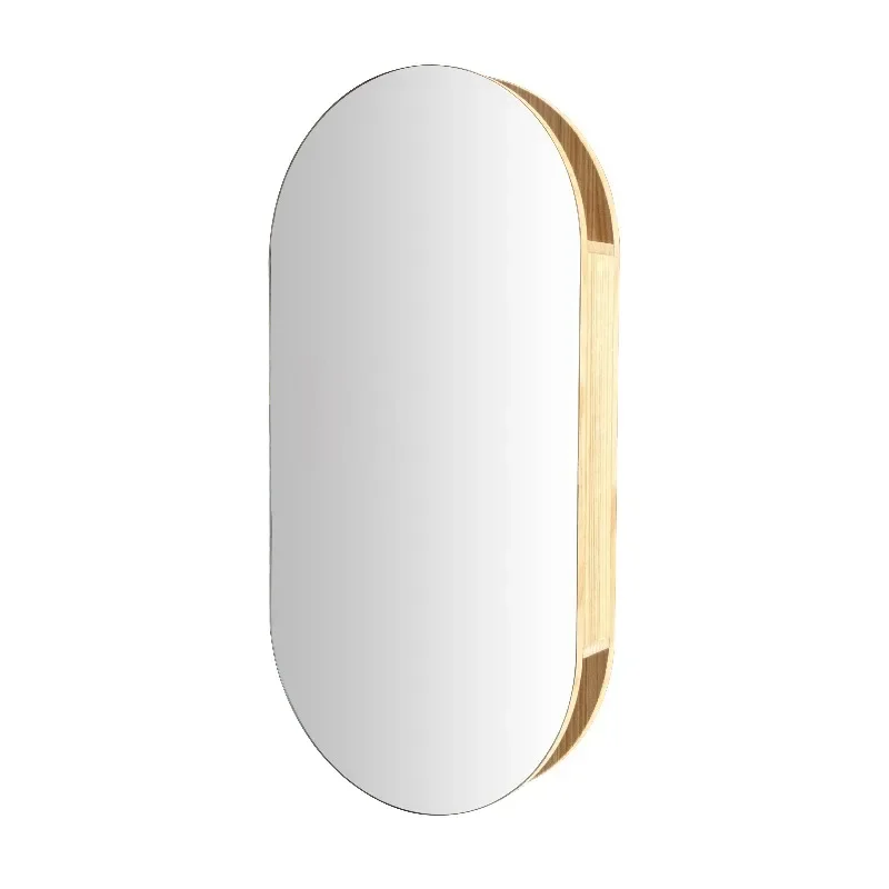 

Oval Sliding Bathroom Mirror Cabinet Bedroom Wall Locker Mirror Medicine Cabinet with Slow Close Wood Frame Horizontal