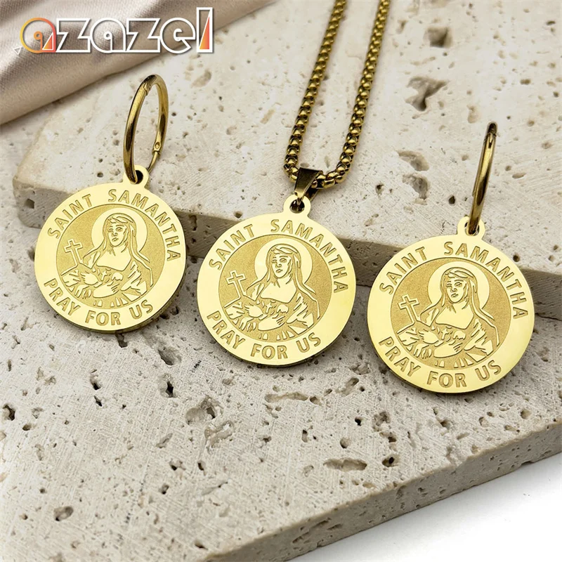 SAINT SAMANTHA PRAY FOR US Cross Pendant Necklace Earrings Set For Women Men Stainless Steel Gold Color Catholic Amulet Jewelry