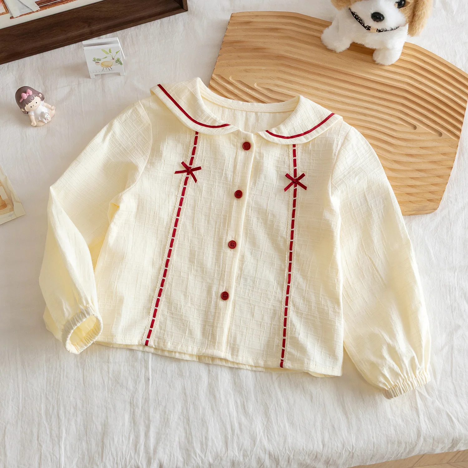Autumn New Arrivals Casual Fashion Visible Seam Childrens Shirt Bow Knot Princess Style Puff Sleeve Princess Top