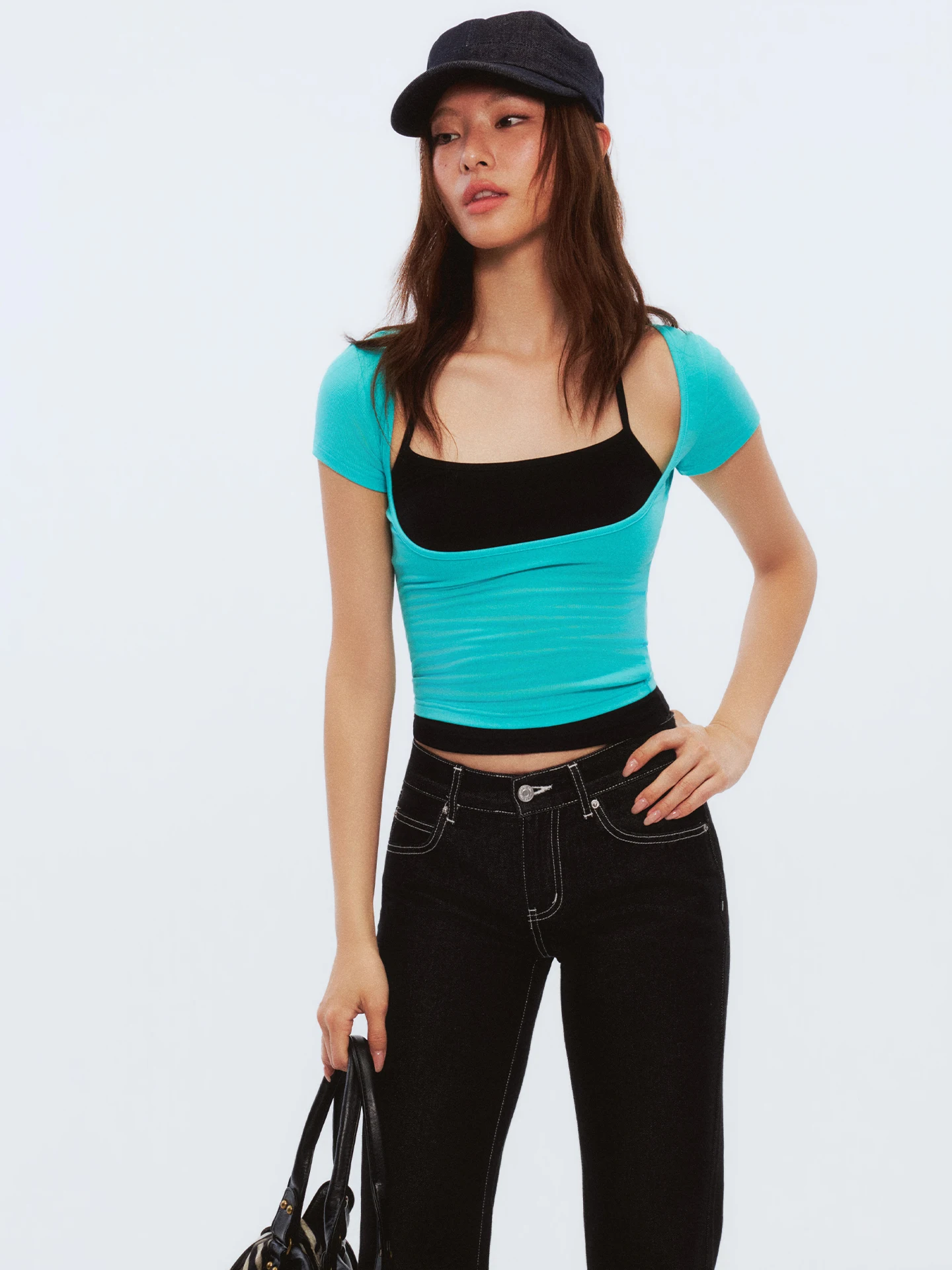 Heyabc Summer Color Block Slim Fit U Neck Waist Cinched Short Sleeve T Shirt Women Korean Spicy Girl Slimming Strap Top True ...