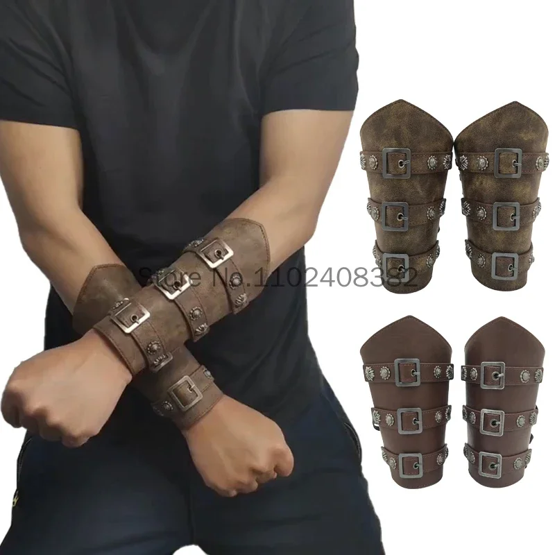 Men Medieval Leather Armor Arm Cosplay Warmers Lace-Up Viking Pirate Knight Gauntlet Wristband Bracer Steampunk Accessories