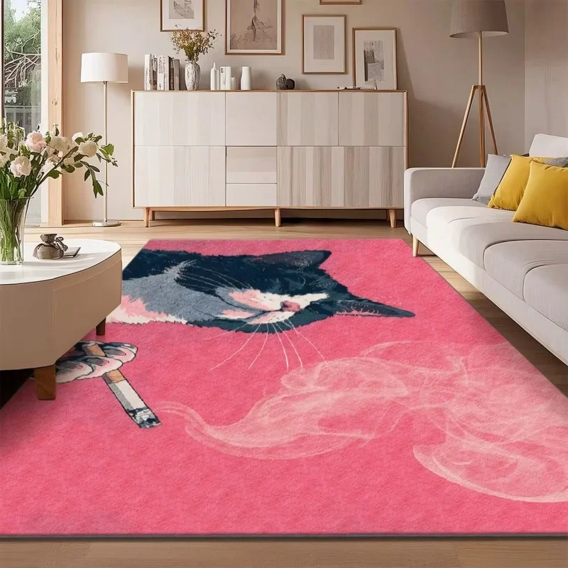 Pink Cartoon Cat Smoking Print Large Area Rug Soft Flannel Non Slip Floor Carpet for Living Room Bedroom Cute Style Home Decor