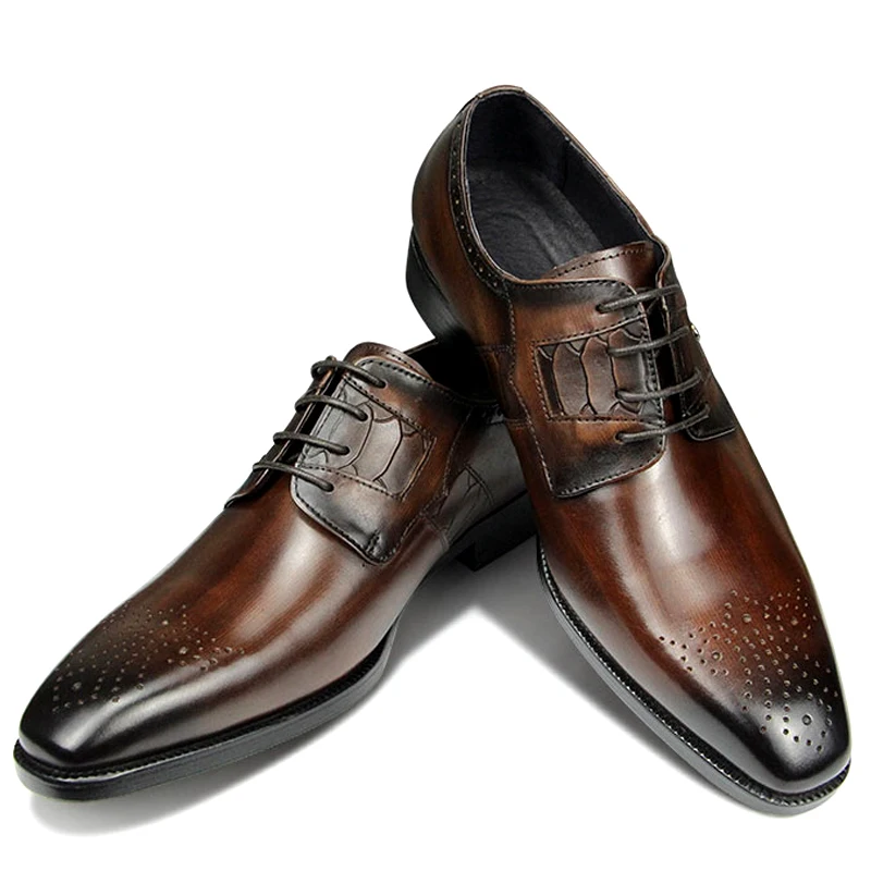 

High Grade Men Derby Formal Leather Shoe Lace Up Brogue Dress Wear Male Wedding Shoe Social Office Genuine Cephalopod Shoes Gift