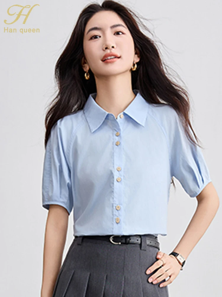 

H Han Queen 2025 Summer Blouses Elegant Single Breasted Vintage Simple Elegant Chiffon Blouse Women Short Sleeve Chic Casual Top