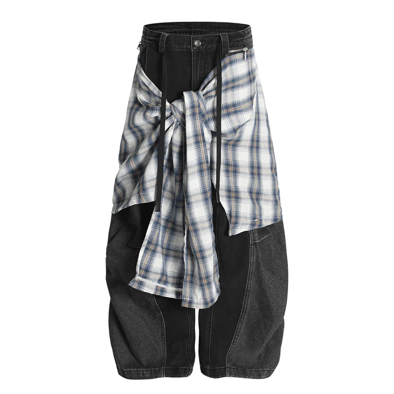 False Two-piece Removable Patchwork Banana Jeans Mens Hip Hop Y2K Spliced Baggy Wide Leg Washed Distressed 3D Denim Trousers