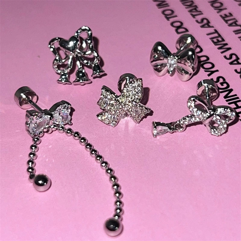 Advanced Silver Color Bowknot 316L Stainless Steel Ear Bone Nail New Fashion Delicate Zircon Earrings for Women Y2K Punk Jewelry