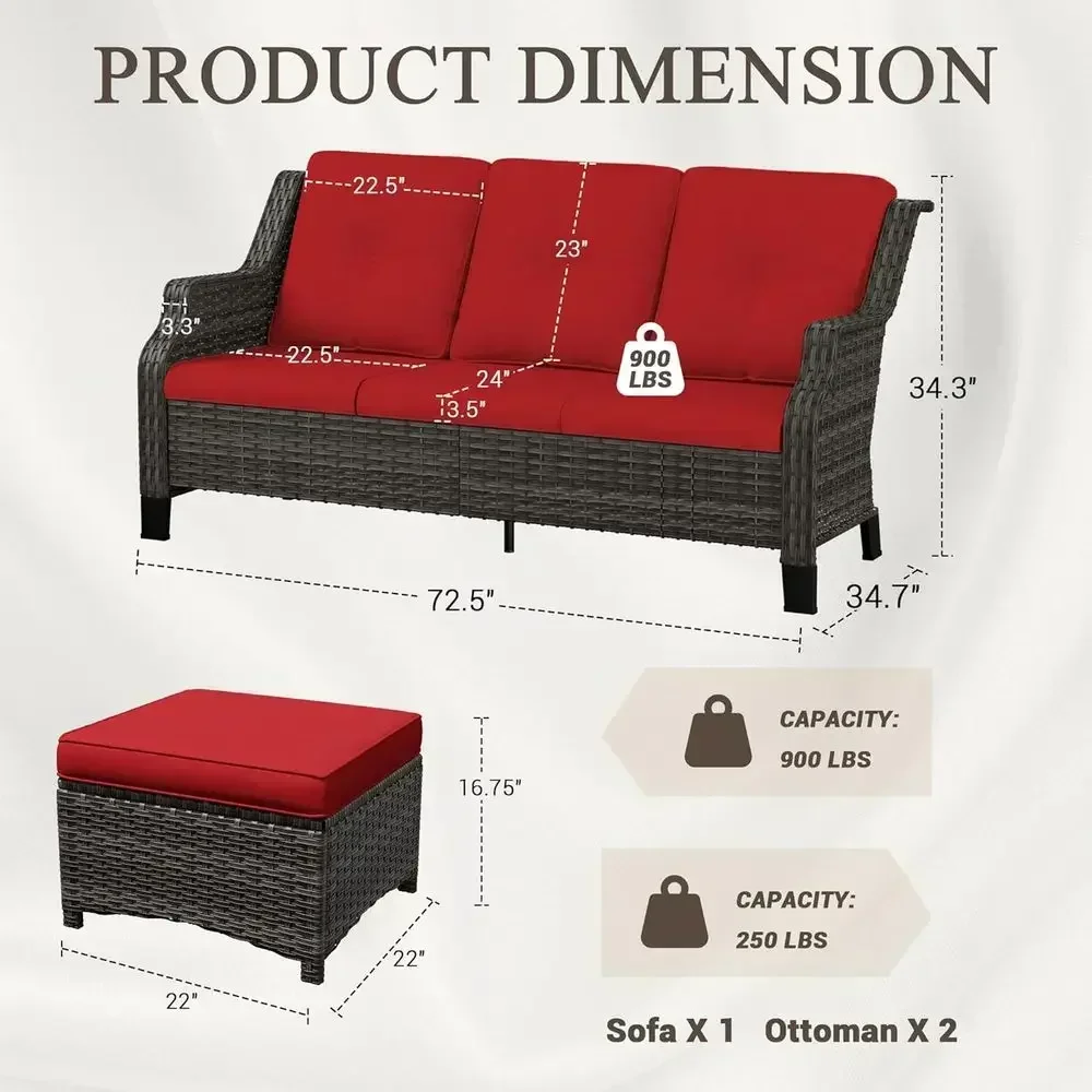 3-Piece Outdoor Wicker Sofa Set with Cushions, Perfect for Backyard, Garden, or Poolside in Red