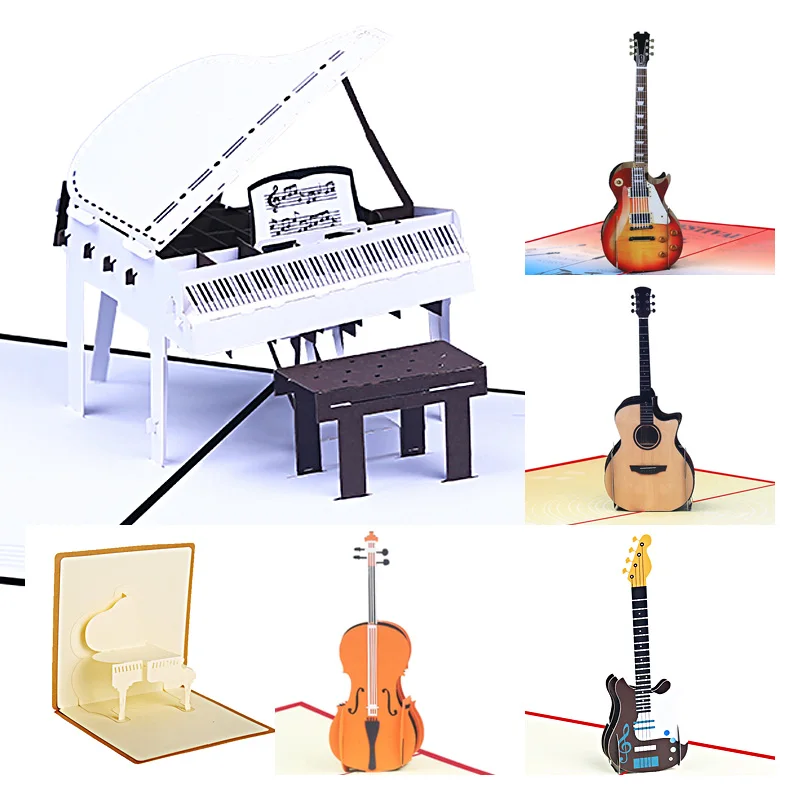 

3D White Piano Pop Up Greeting Card, Concert Hall Invitation Card, Wooden Guitar, Electronic Guitar, Bass Drum, Violin, Birthday