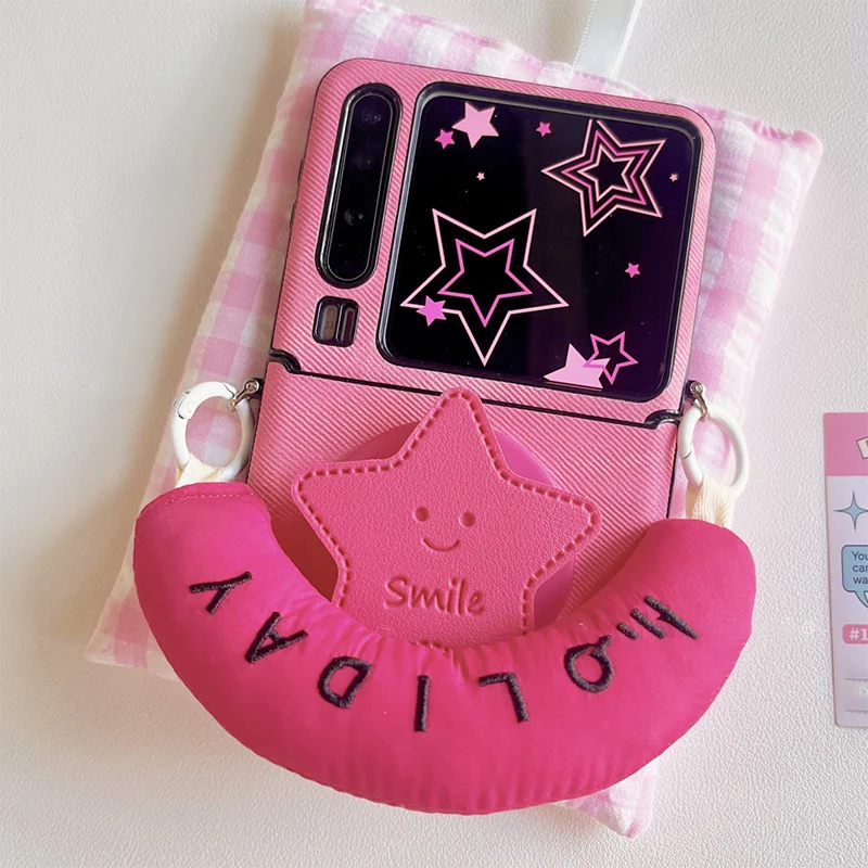 

Cute Rose Red 3d Star Magnetic Stand Case for Samsung Z Flip7 6 5 OPPO Find N3 N2Flip /Xiaomi Mix Flip 2 Kawaii Leather Cover