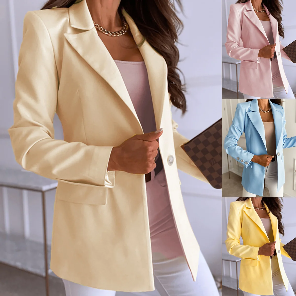 

Women's S-2XL Plus Size New Style Temperament Long Sleeve Slim Fit Single Button Solid Coat Small Suit