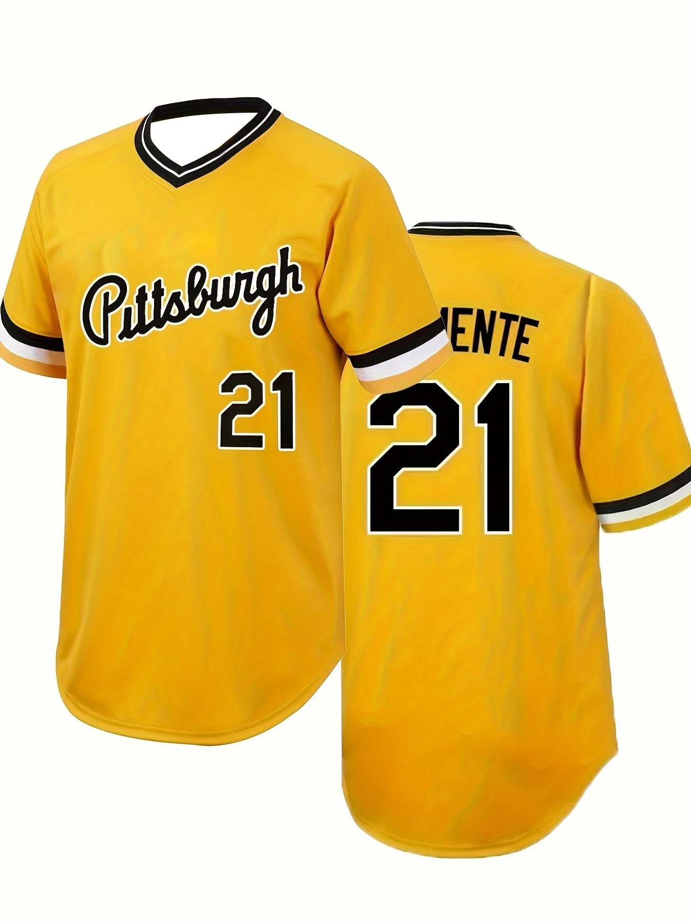[Printed Design - Not Textured] Men's Pittsburgh #21 Yellow Baseball Jacket, Classic Retro Letter Design Breathable Short-Sleeve